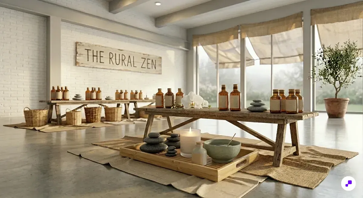Serene spa reception with stacked white towels, essential oil bottles, and river stones on polished concrete