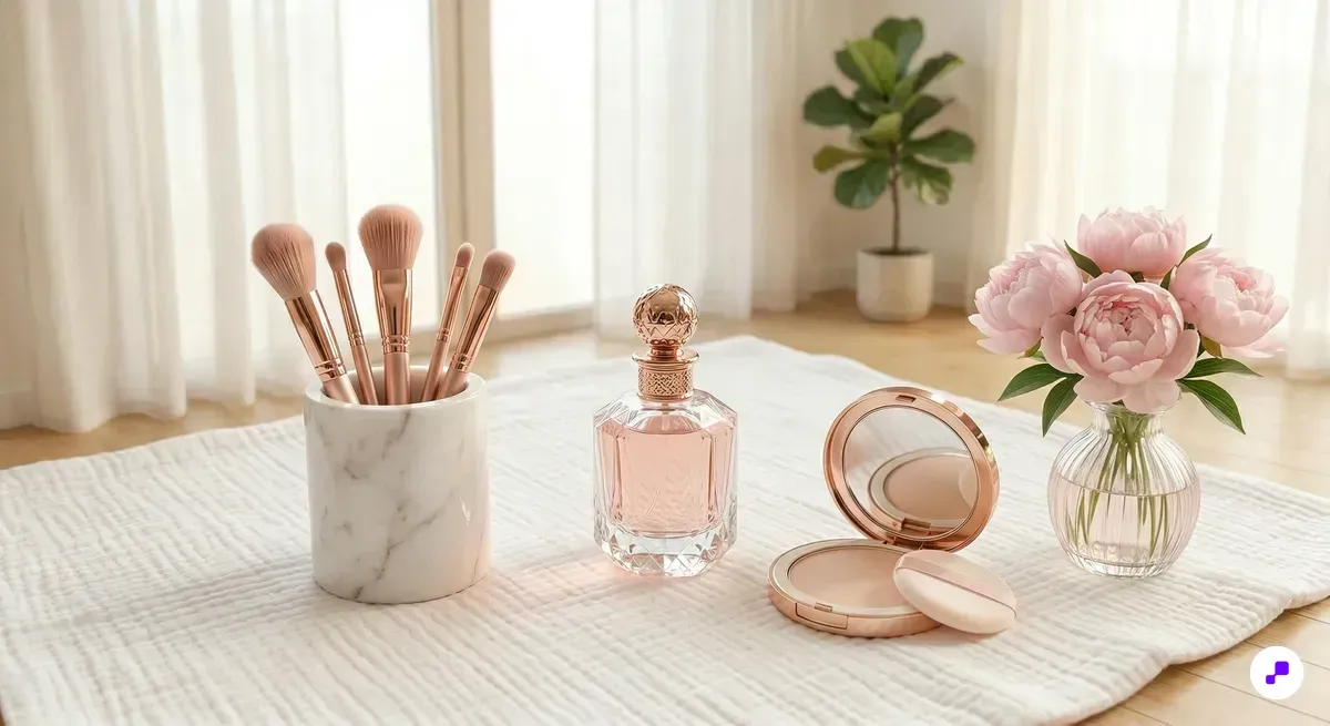 Editorial beauty flat lay with makeup brushes, pressed powder compact, and fresh peonies in elegant rose gold and marble setting