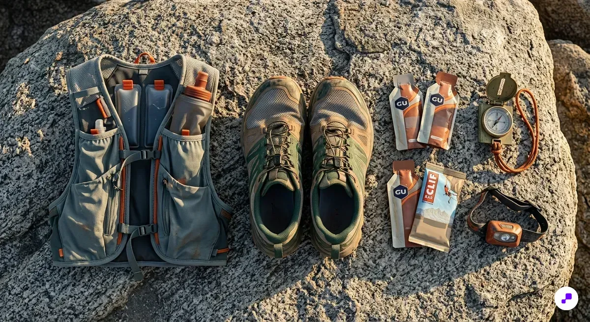 Rugged outdoor gear display with trail shoes and energy gels on granite surface in early morning light