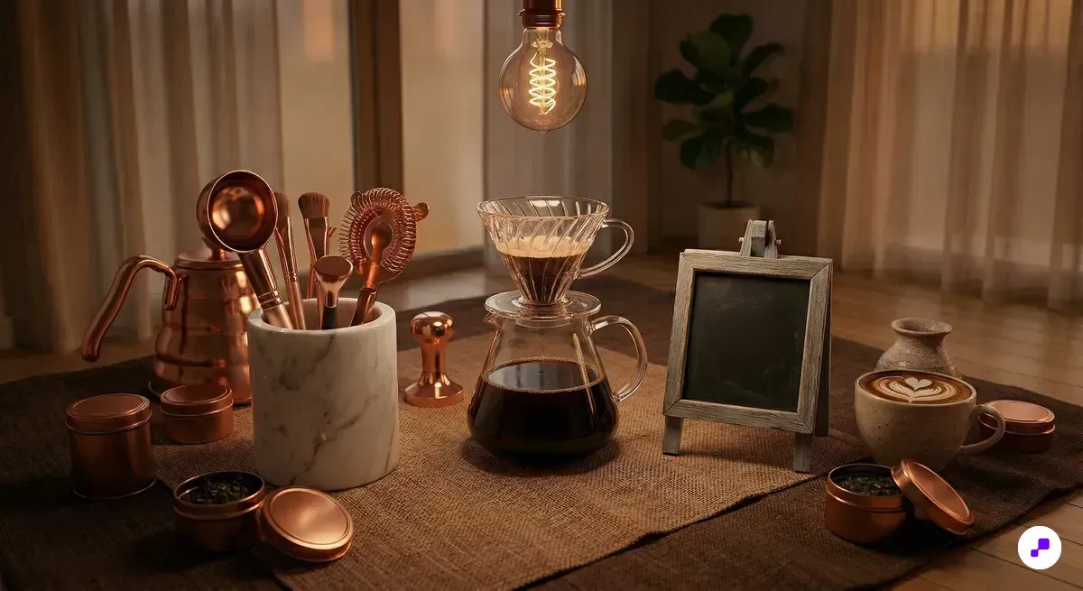 Warm copper-toned coffee counter with glass carafe and artisan tea tins in intimate café setting