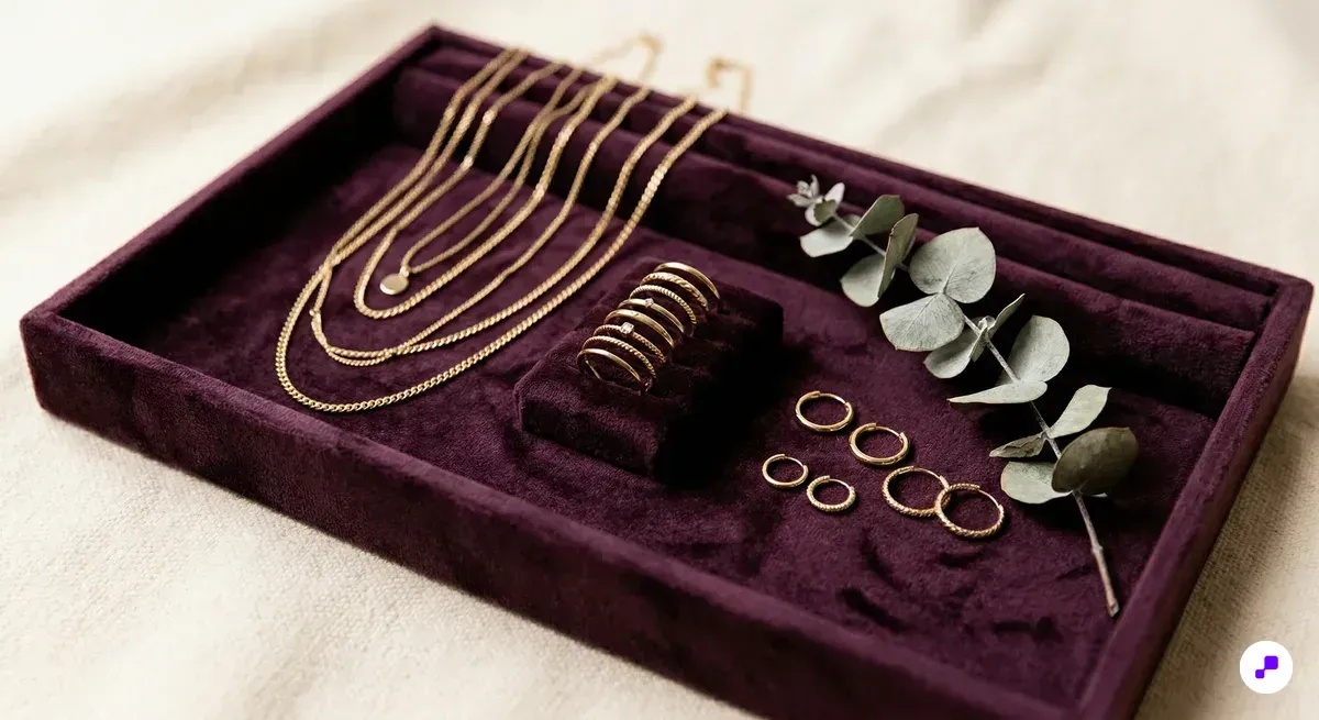 Elevated pet lifestyle display with rattan bed and ceramic bowl in bright window light with dusty blue accents