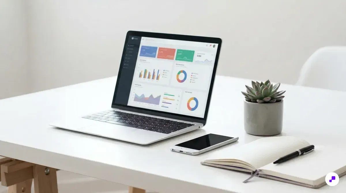 Modern SaaS workspace with laptop dashboard and notebook for calculating loyalty program metrics